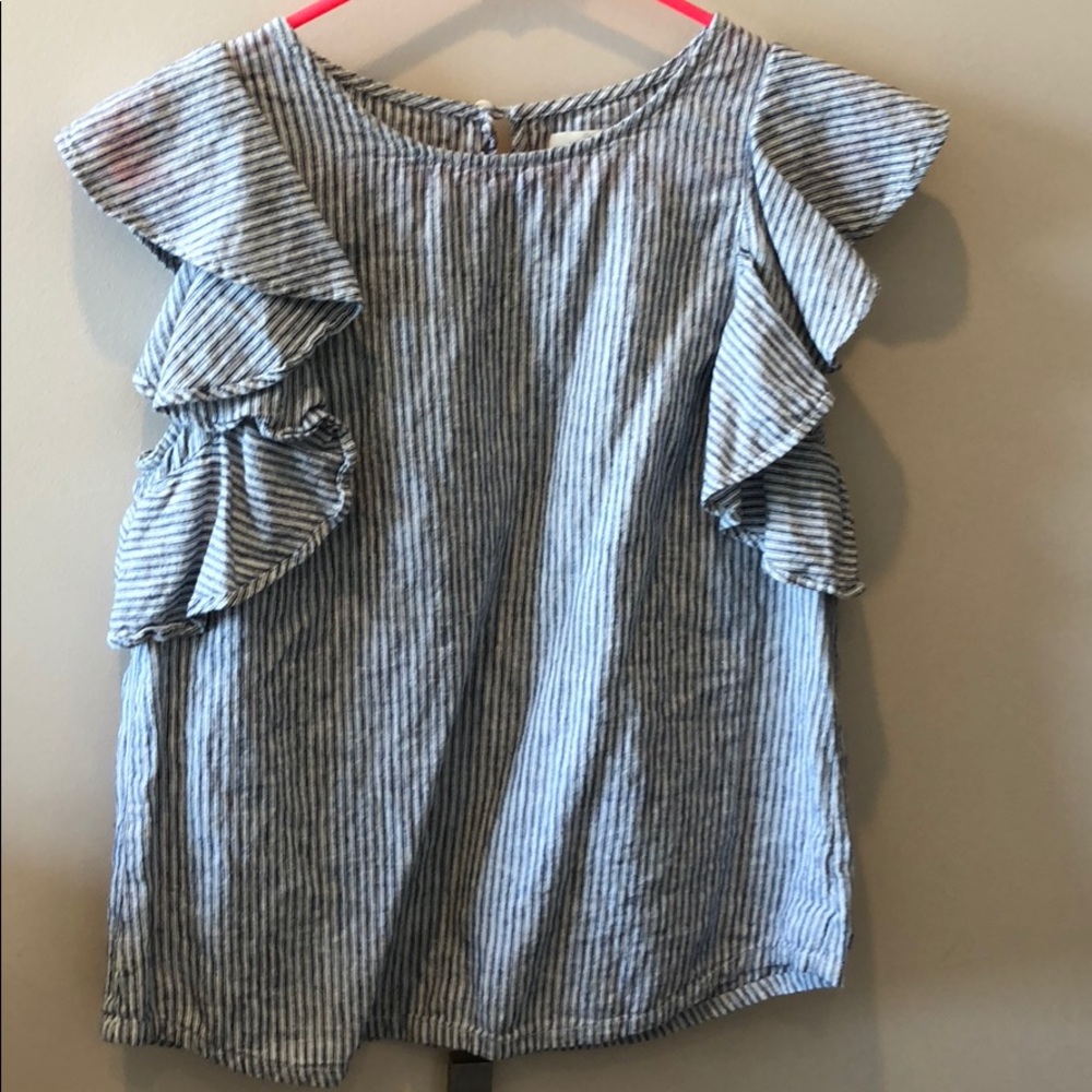 Blue and white striped ruffles sleeves shirt